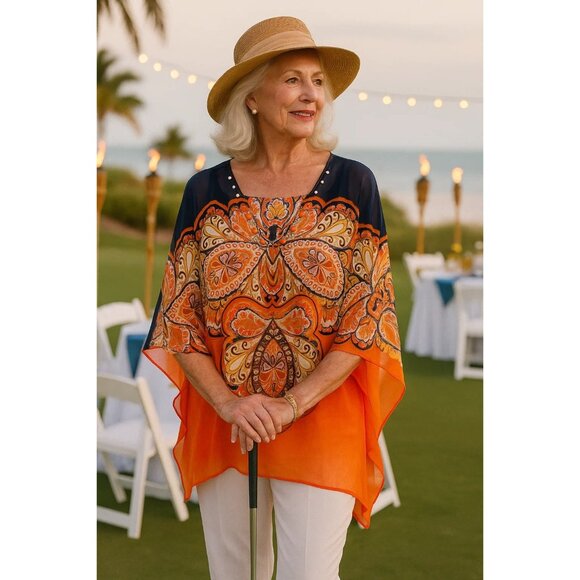 Susan Graver MEDIUM  Orange Paisley Kimono Blouse - Picture 1 of 6